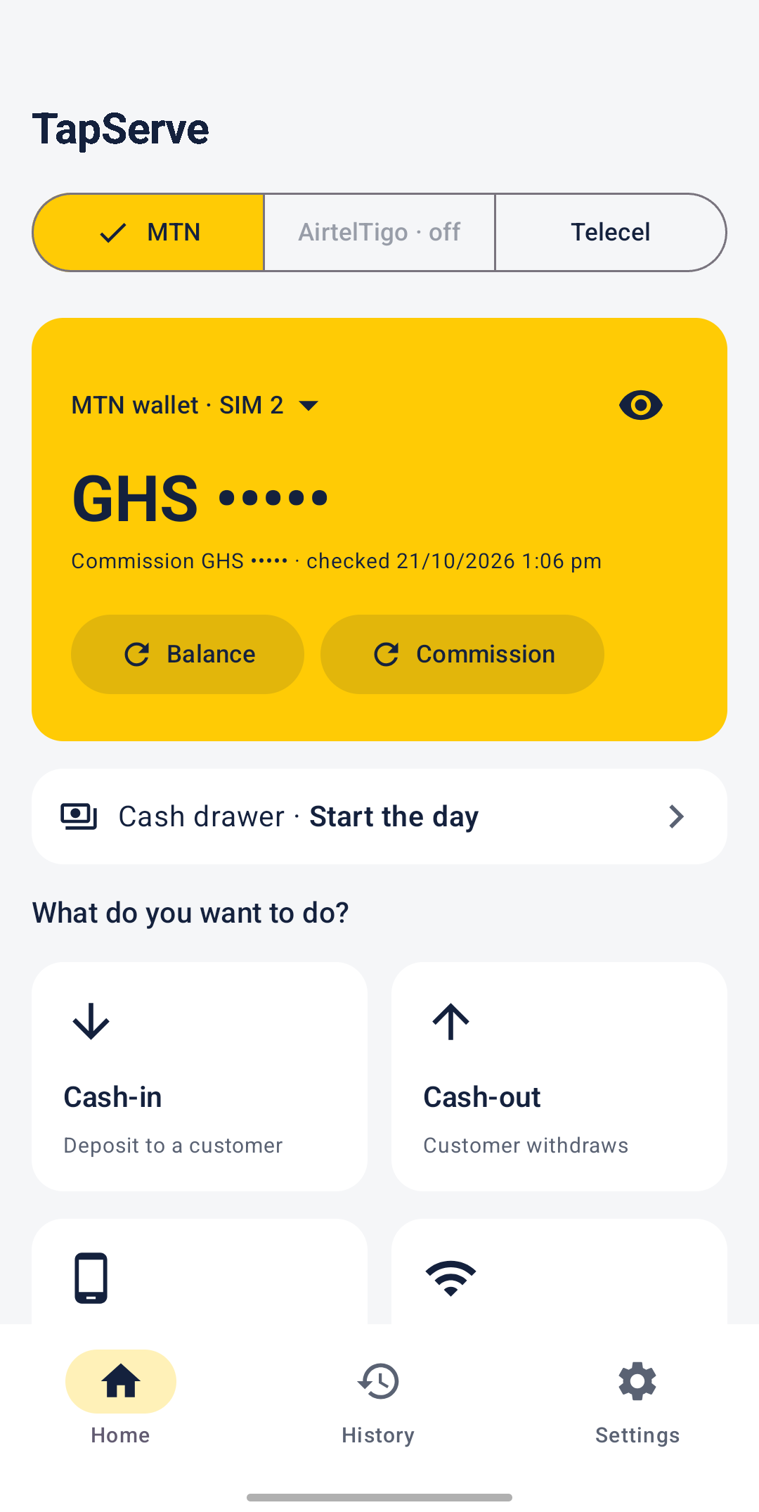 The TapServe home screen: the network's wallet card with balances hidden, and the transactions an agent can start.